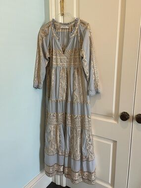 Greek Archaic Kori Light Blue& Gold Embroidered Maxi Dress